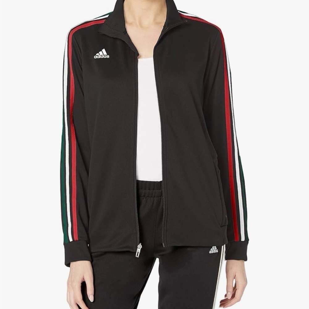 Women's black Adidas jacket with full zip and side pockets.